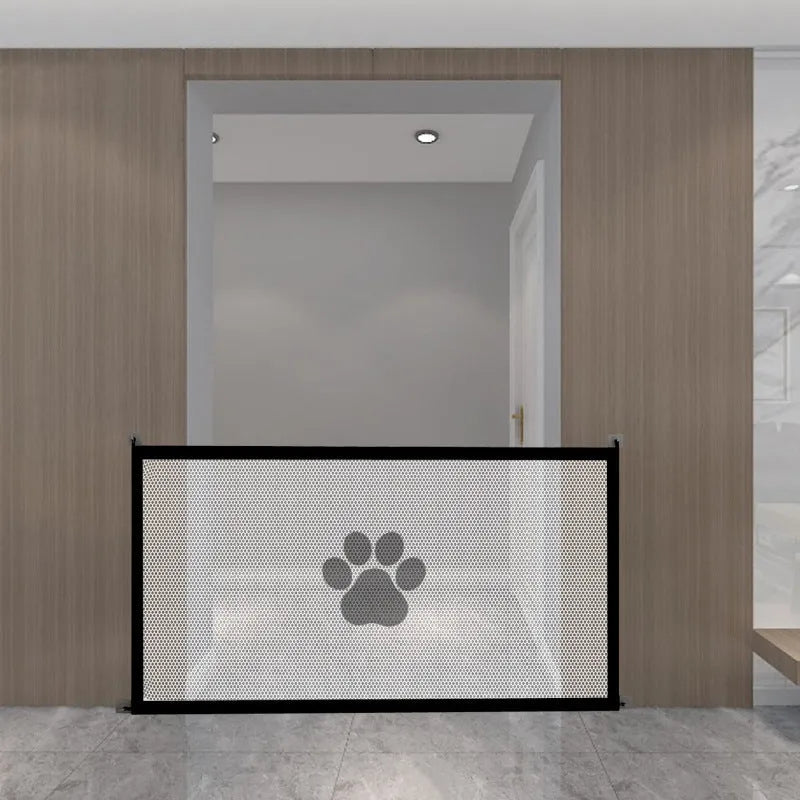 Portable folding dog barrier with pet doorsill showing dog footprint pattern