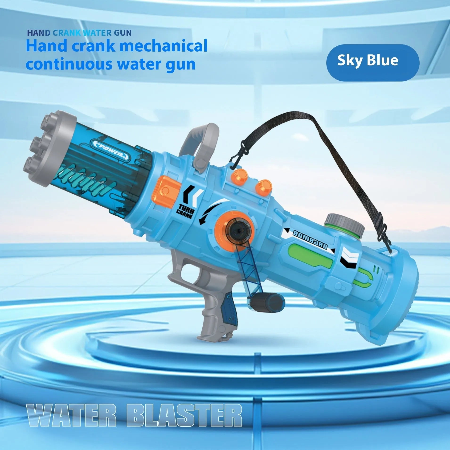 Hand-cranking gatling water gun with 1000ML capacity in blue and white plastic