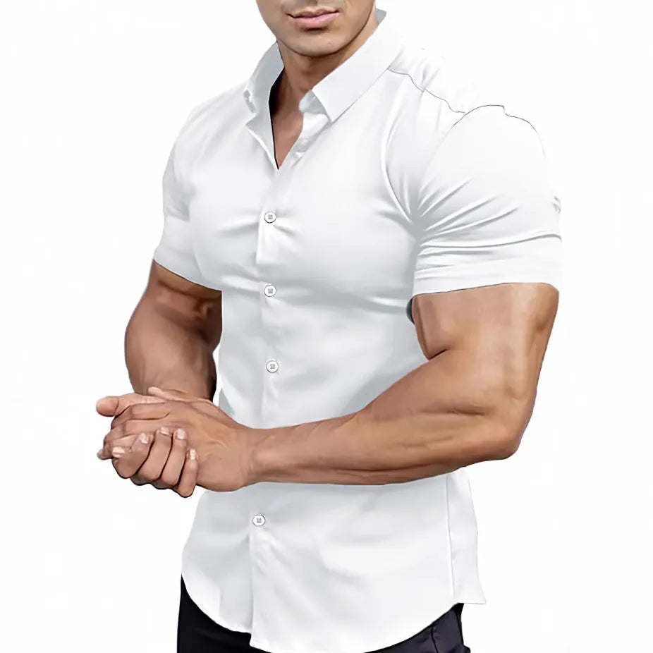 Men's printed short sleeve casual shirt with collar in multiple colour options showing cardigan style