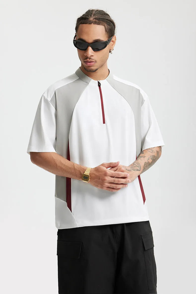 Men's lightweight polyester leisure shirt in solid black and beige colours with stitching details