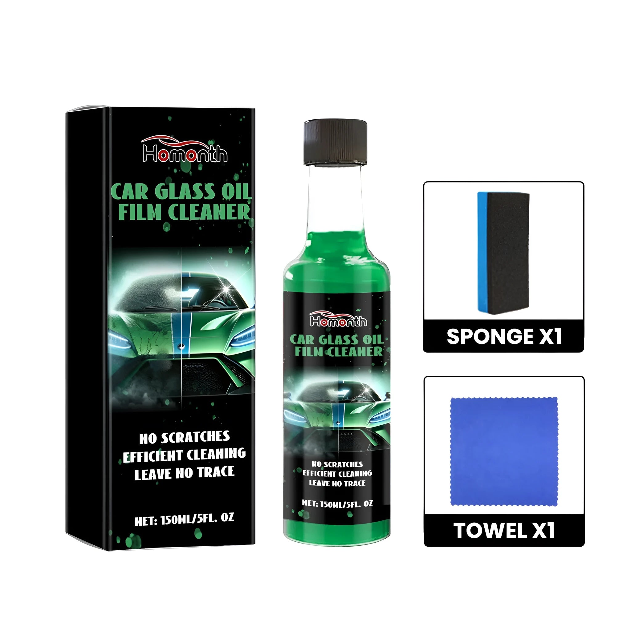 Green PET bottle of car glass oil film cleaner 150ml with sponge and towel