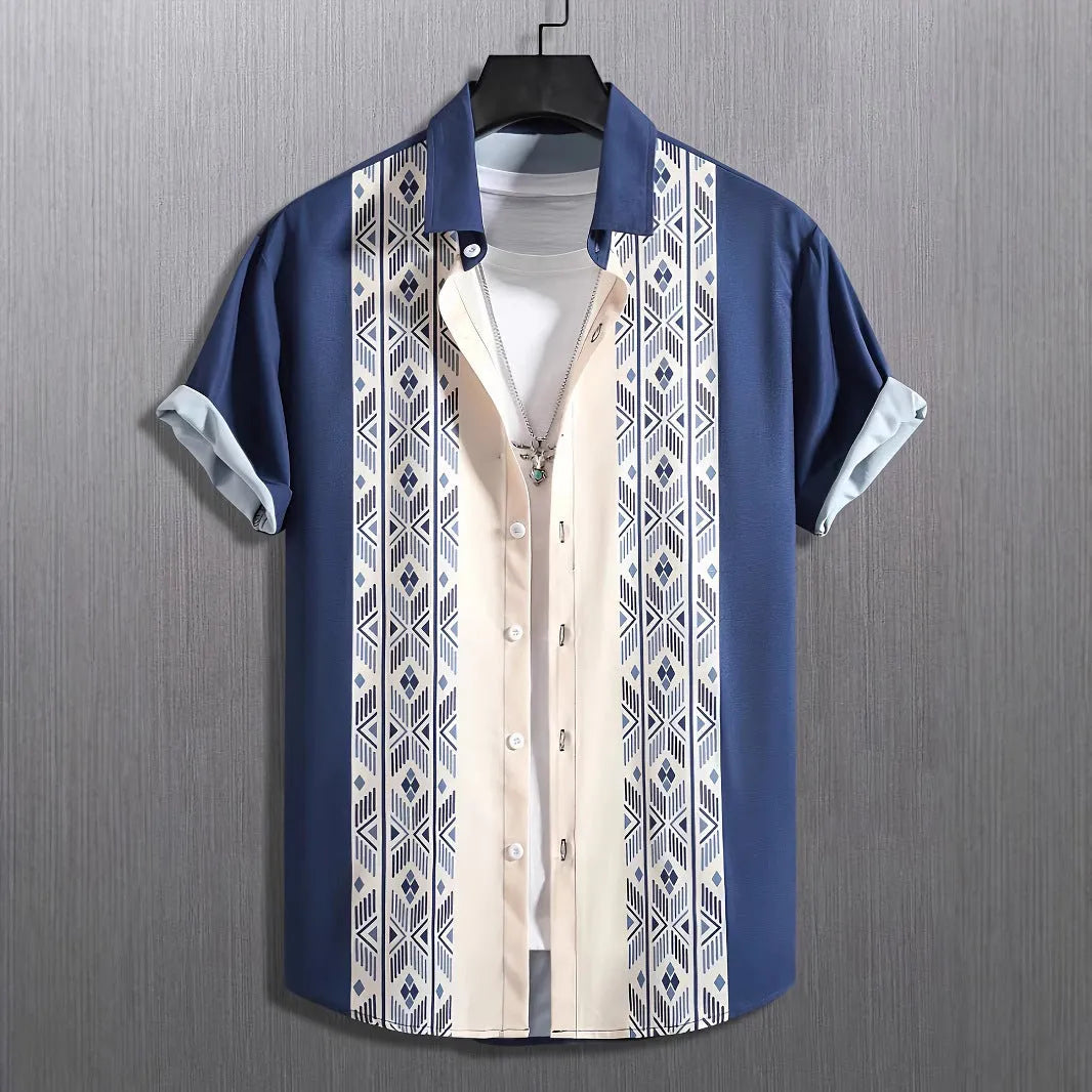 Men's loose fit plaid short sleeve shirt with lapel in contrast colours, available in multiple sizes.
