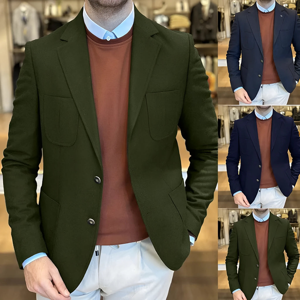 Men's loose-fit cotton suit jacket in a retro style shown in army green colour.