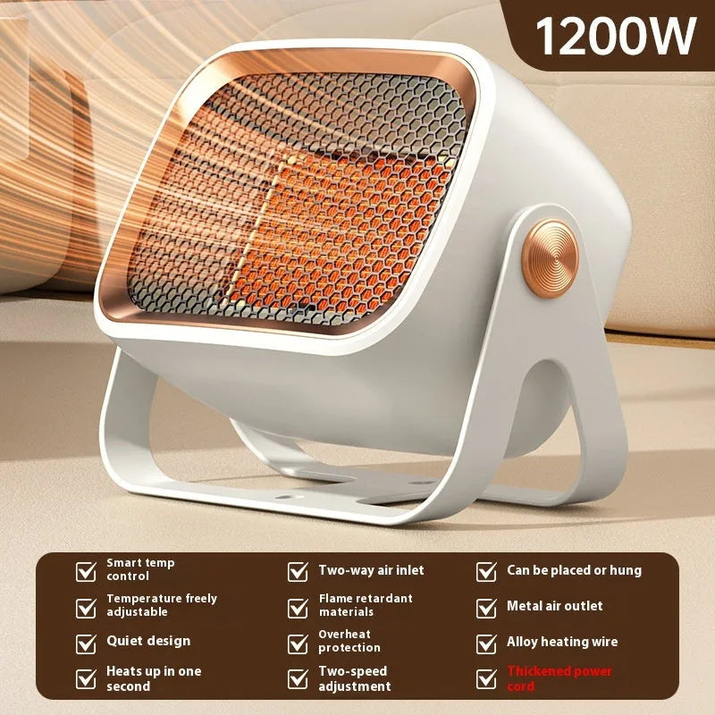 Compact white PTC ceramic desktop electric heater with control buttons and a directional grille.