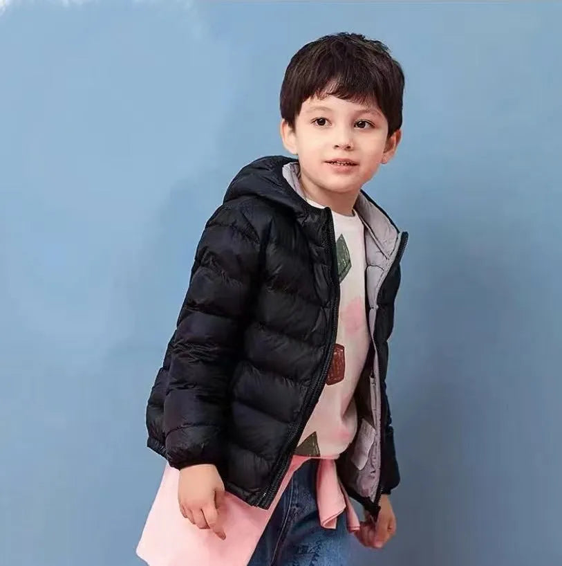 Children's nylon hooded down jacket in solid colour for boys and girls