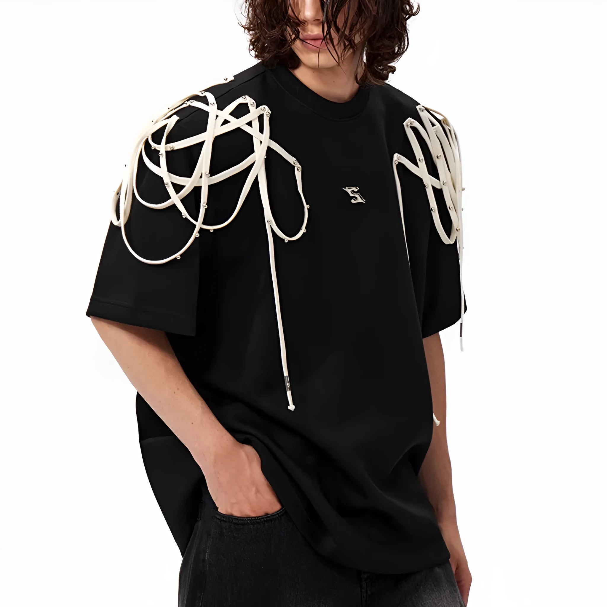 Black loose fit T-shirt with padded shoulders featuring rivet ribbon decoration and short sleeves
