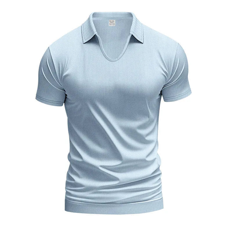 Men's loose fit V-neck short sleeve t-shirt in cotton blend fabric shown in multiple colour options