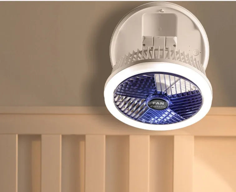 Blue or grey USB charging foldable desk fan with LED light showing wall mounting and desk use