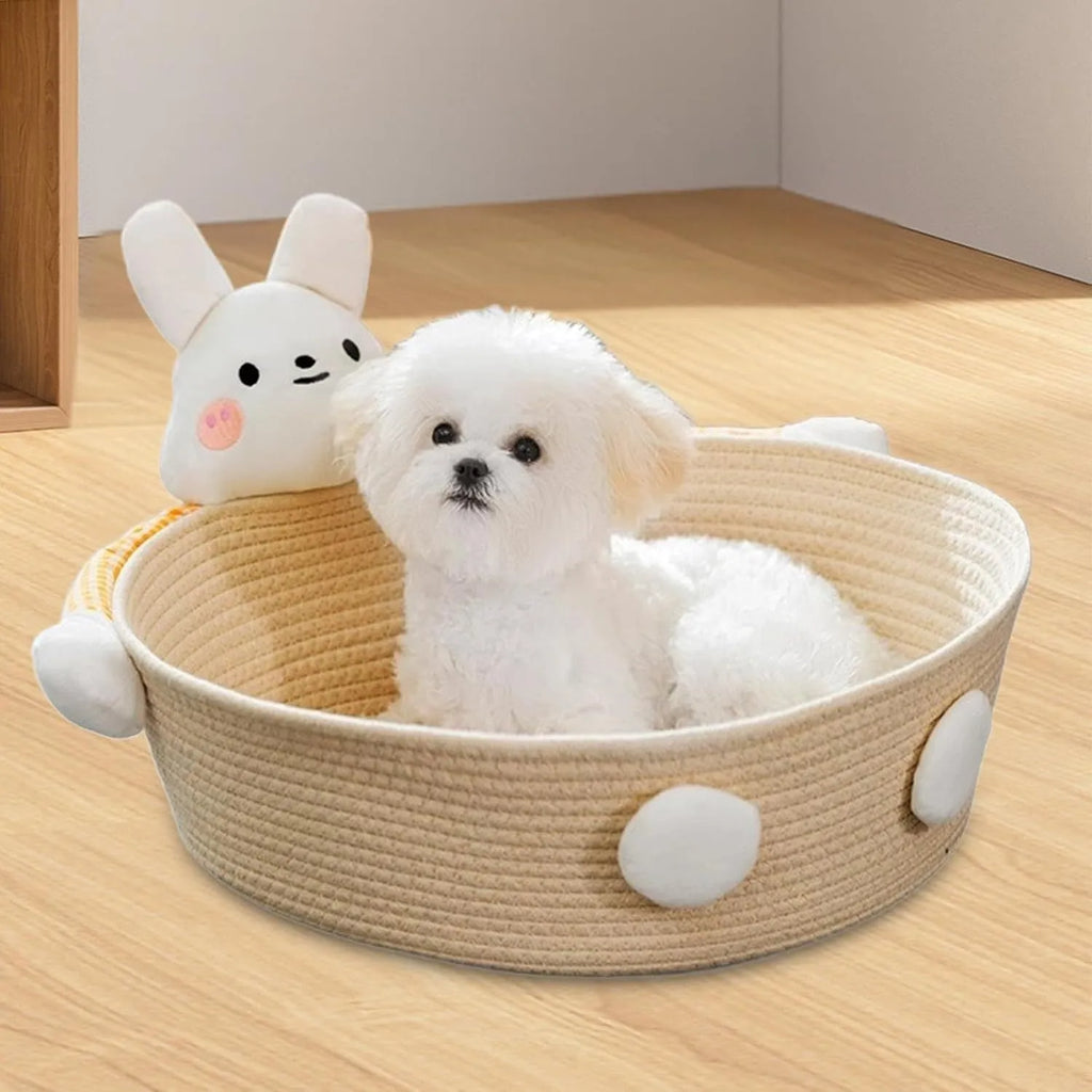Woven cotton rope cat bed basket with integrated scratching pad for indoor cats, shown in Bear and Rabbit styles.