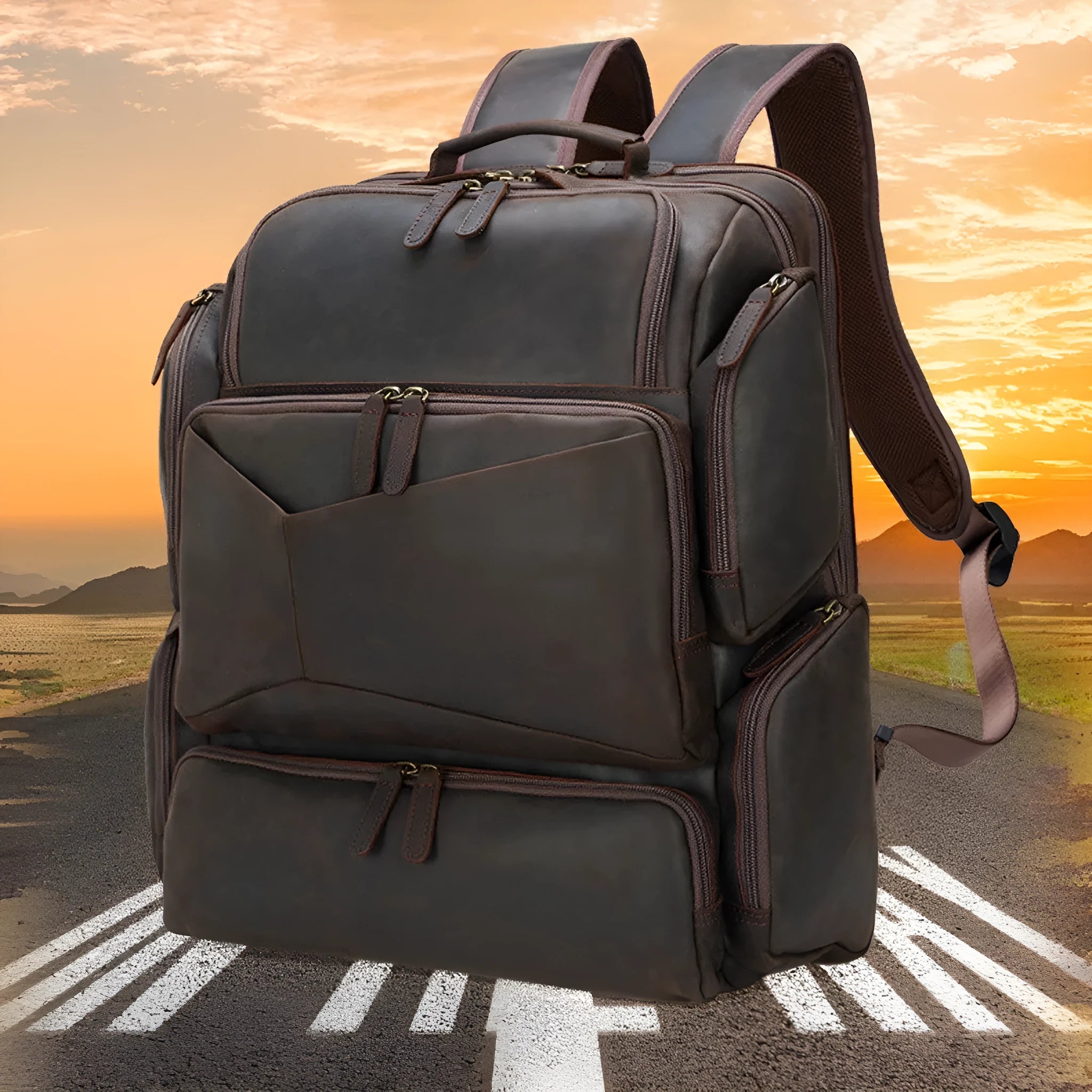 Dark brown Retro Crazy Horse leather backpack for a 17-inch laptop, showing embossed details and double straps.