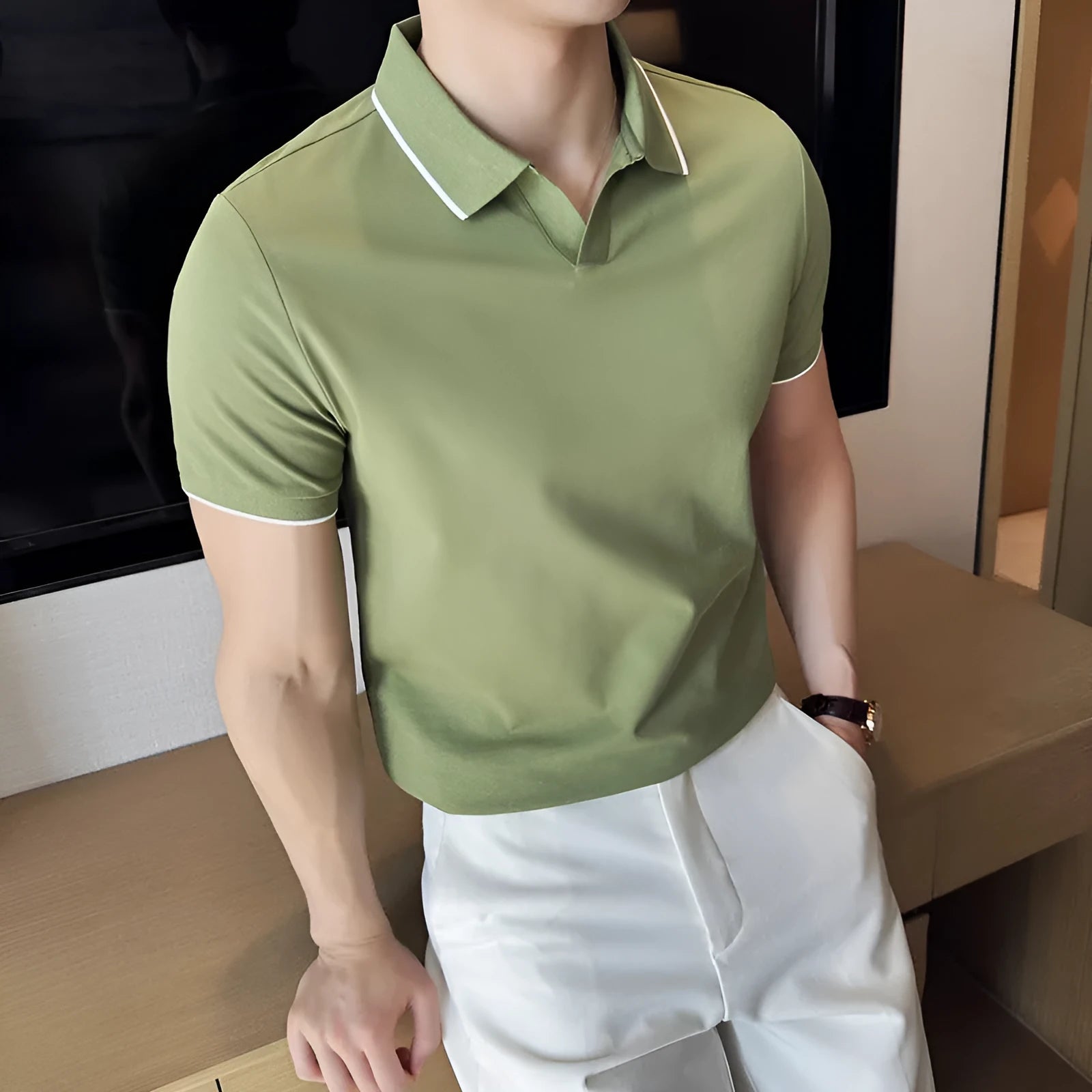 Men's short sleeve polo shirt with lapel collar in a cotton blend fabric, shown in multiple colour options.