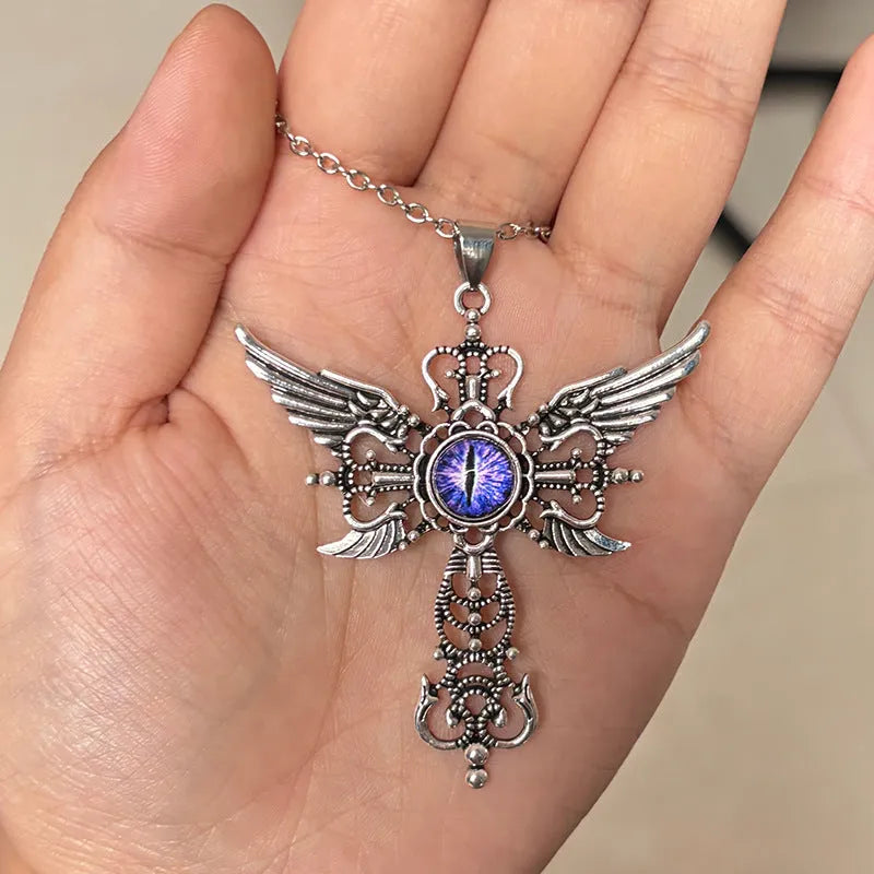 Alloy devil wings cross necklace pendant with geometric design in multiple colour options