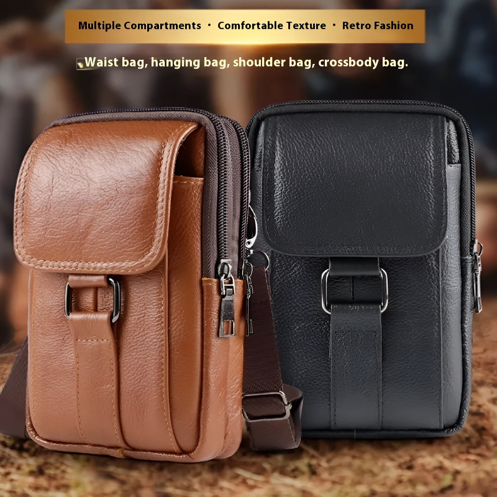 Men's genuine leather multi-functional crossbody waist bag in vertical square shape with lock fastening