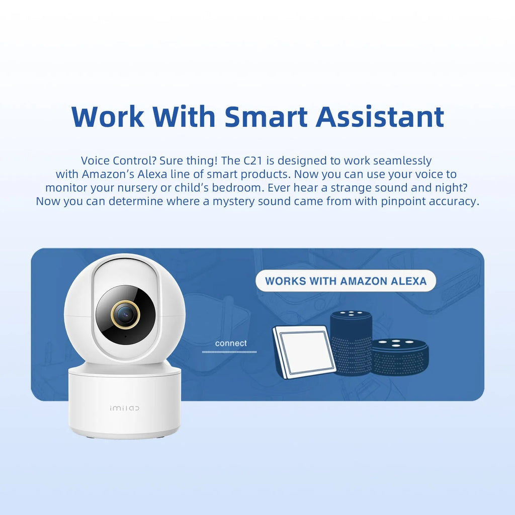 IMILAB C21 white indoor security camera with 2.5K resolution and 360 degree view on a shelf