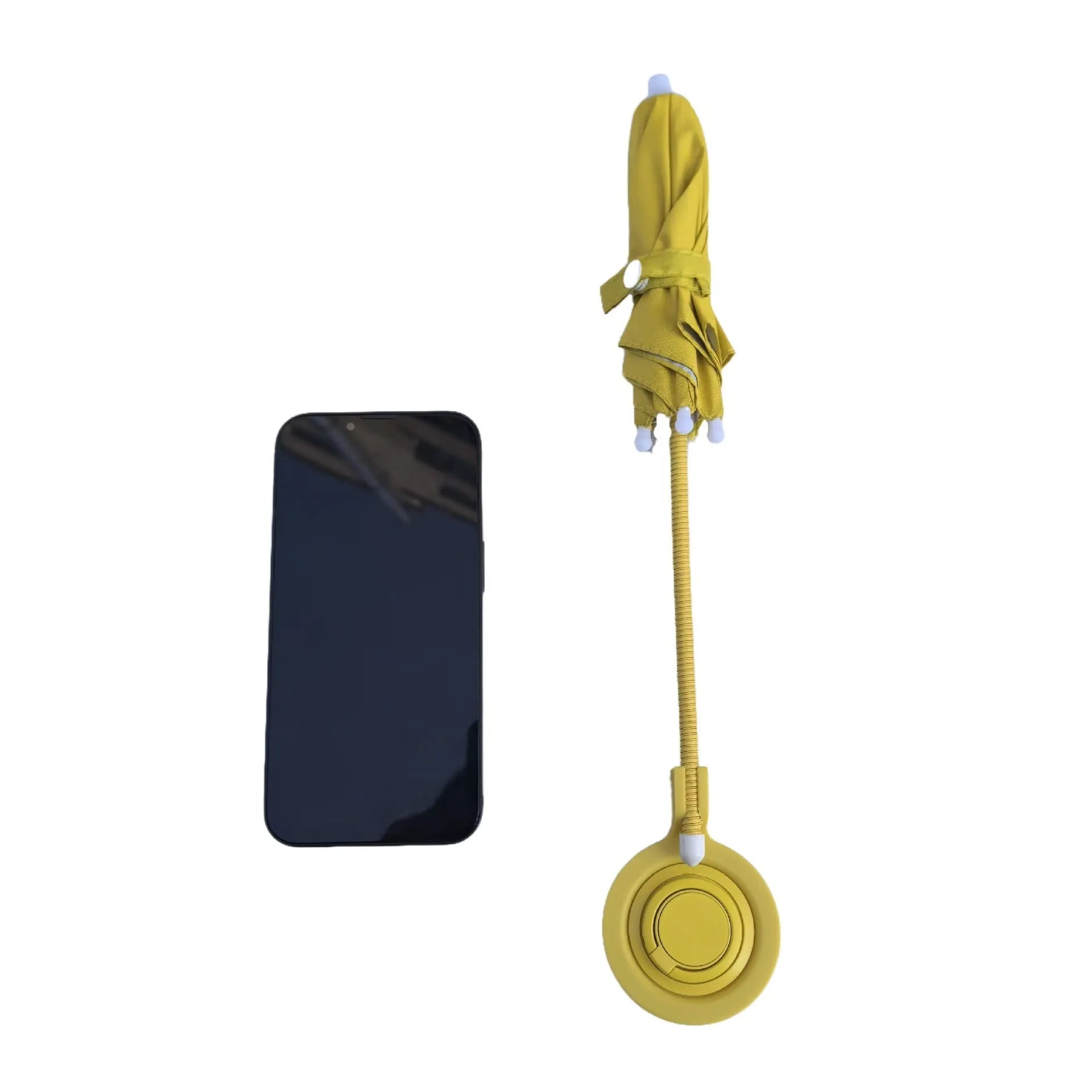 Magnetic retractable phone umbrella bracket with 6 iron bones, 210T NC fabric canopy, silver glue coating, black colour, side view