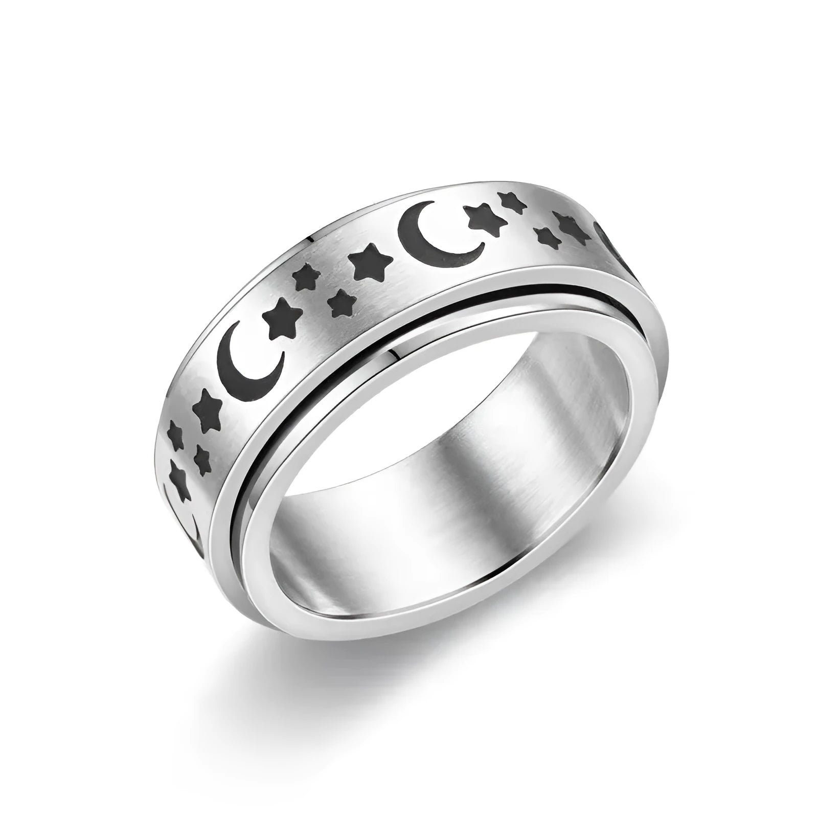 Stars And Moon geometric stainless steel rotatable ring in black star moon finish on a plain background