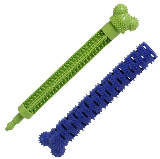 Blue green dog toothbrush chew toy with serrated cleaning head and gum massage nodules