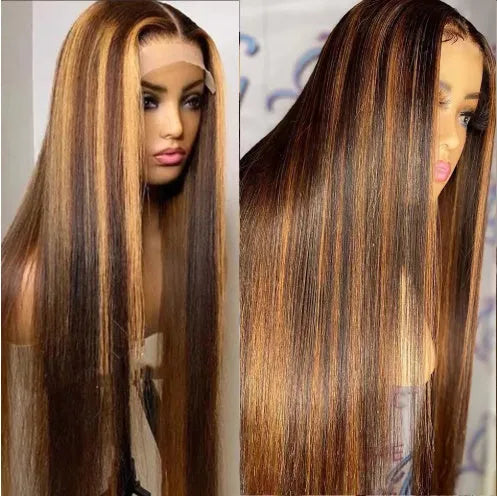 Women's gradient brown medium length straight mechanically processed wig on display