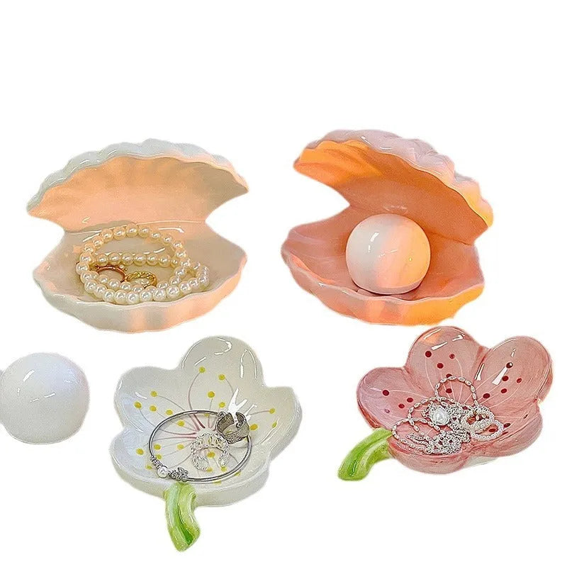White porcelain decorative tray with integrated small night lamp, pink shell option available.