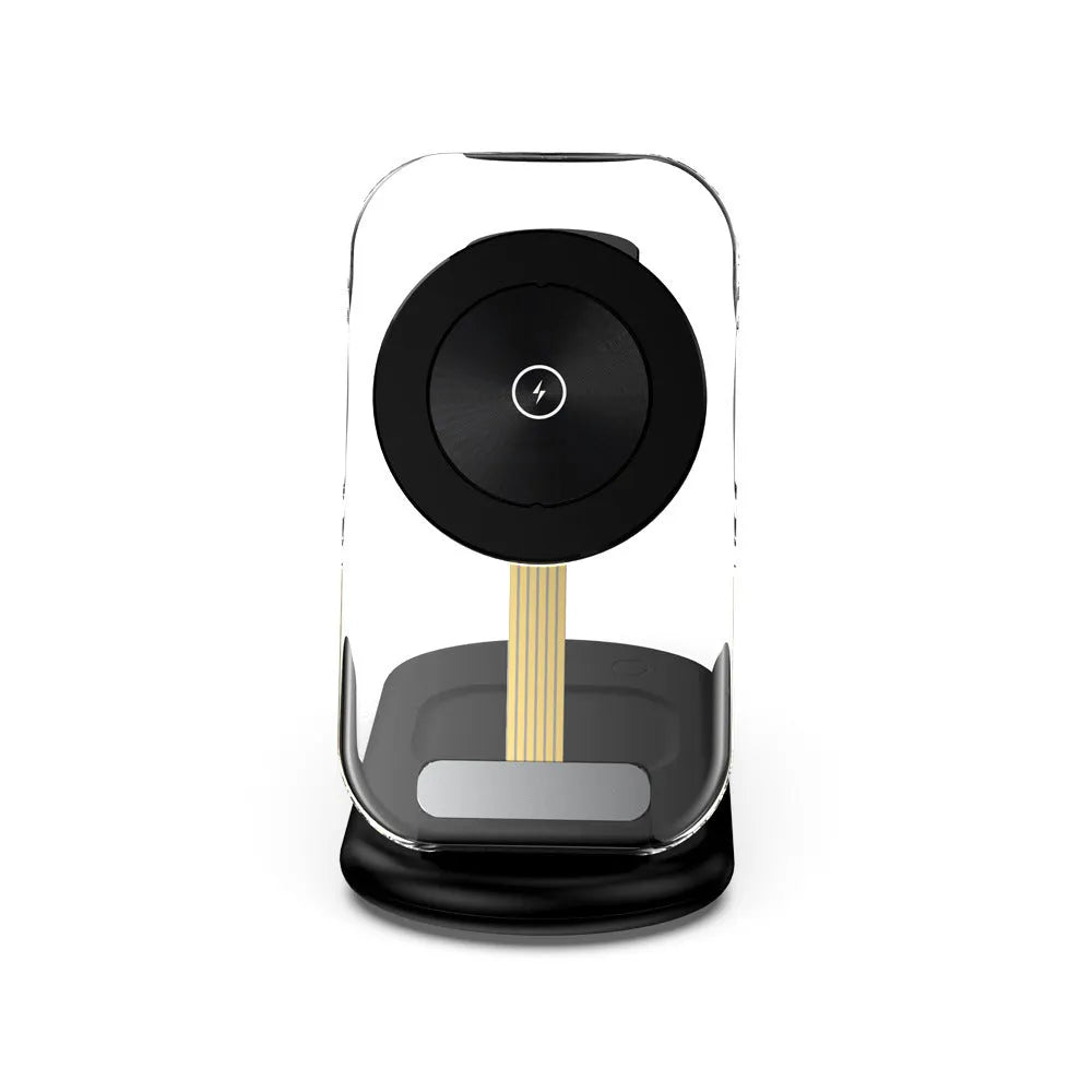 Transparent folding magnetic three-in-one wireless charger in black and white colours