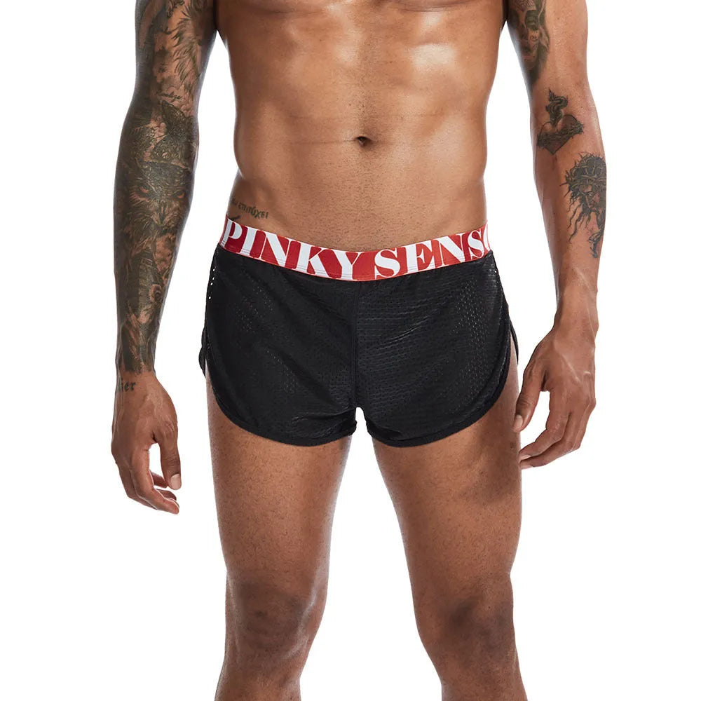 Men's solid colour nylon mesh boxer briefs on a white background showing mid-waist fit.