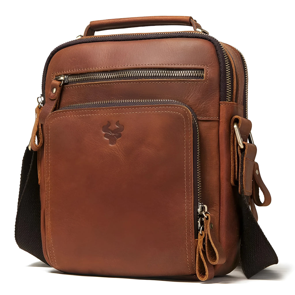 Men's brown crazy horse leather crossbody bag with sewing line details and single shoulder strap