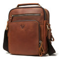 Men's brown crazy horse leather crossbody bag with sewing line details and single shoulder strap