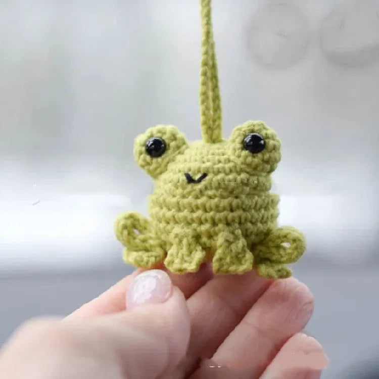 Handmade woven frog car pendant in green, orange, or grass green plush material