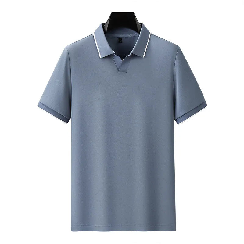 Men's short sleeve polo shirt with lapel collar in a cotton blend fabric, shown in multiple colour options.
