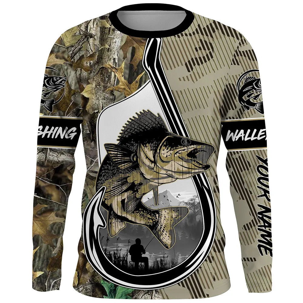 Men's grey round neck pullover top with a fish pattern print on the front.