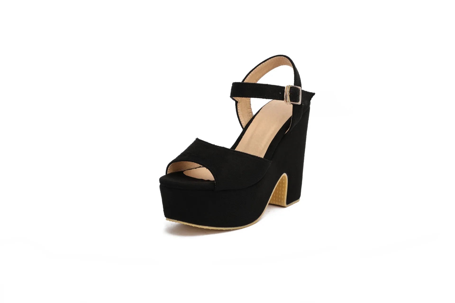 Women's black platform sandals with suede ankle strap and open toe design