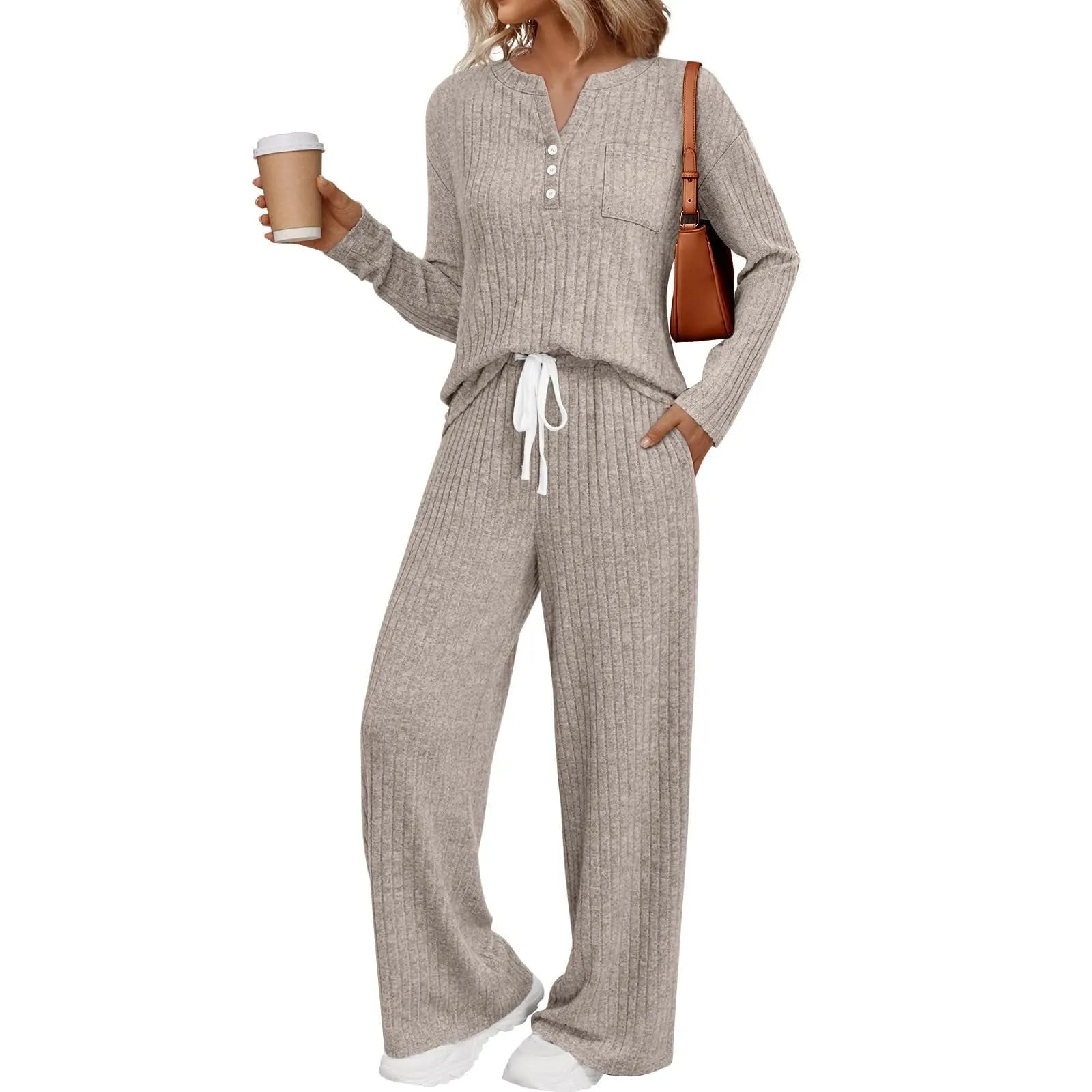 Knitted V-neck long coat with striped pattern in light grey colour showing lace-up details