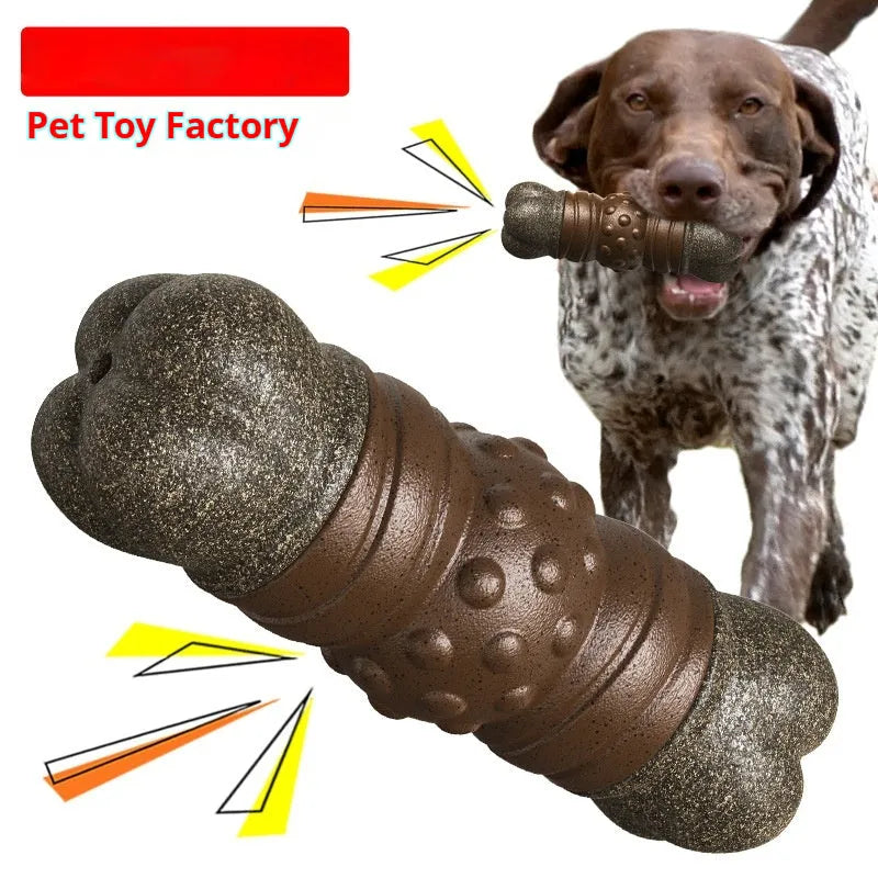Wood colour plastic dog toothbrush toy with sounding bone design and textured molar rod surface