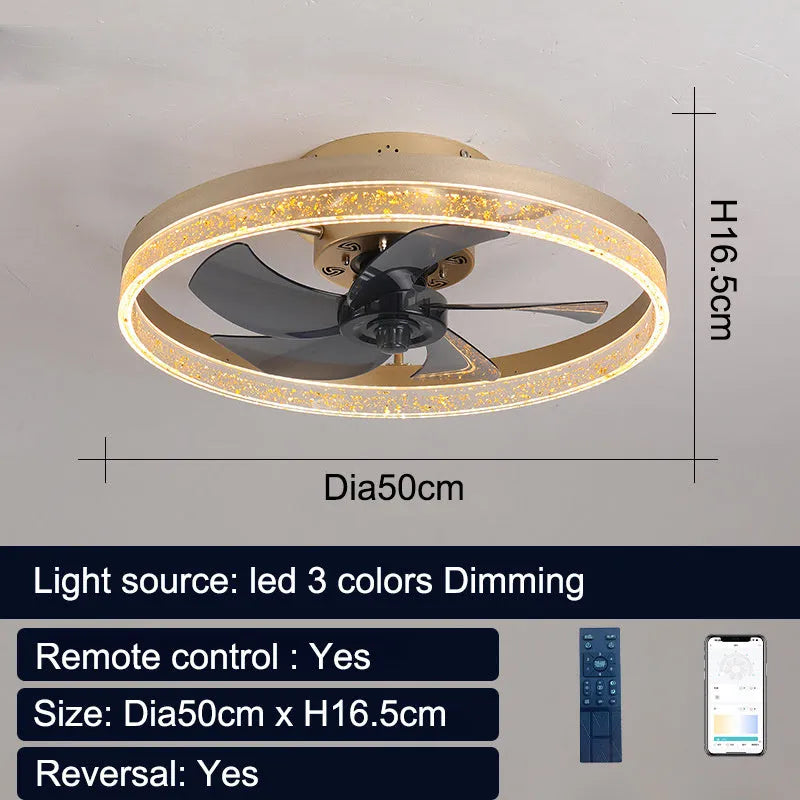 Nordic ceiling fan lamp with LED light in coffee gold finish, 50cm diameter with remote control