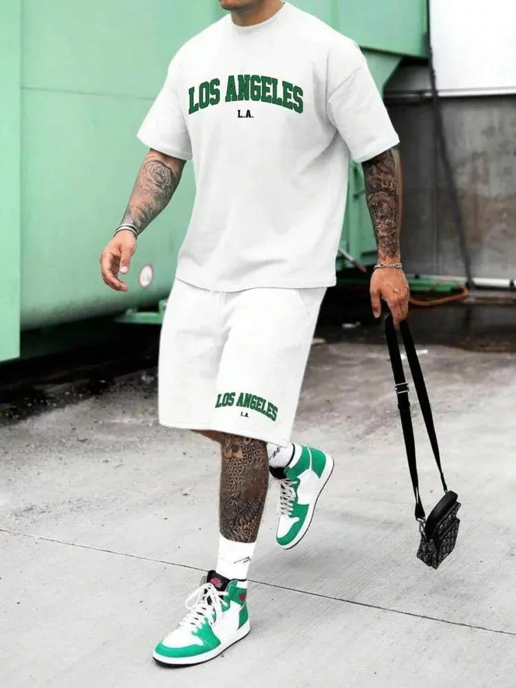 Men's 3D printed letter pattern sportswear two-piece set with short sleeves and shorts
