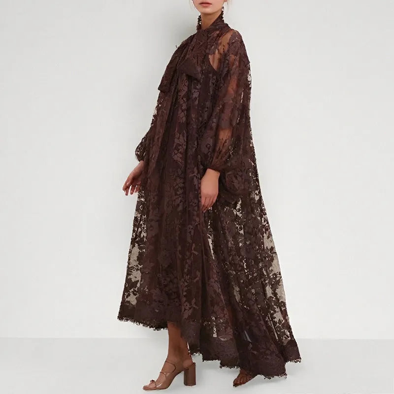 Women's hollow jacquard sling lace see-through ribbon dress, brown, with A-line skirt and lantern sleeves