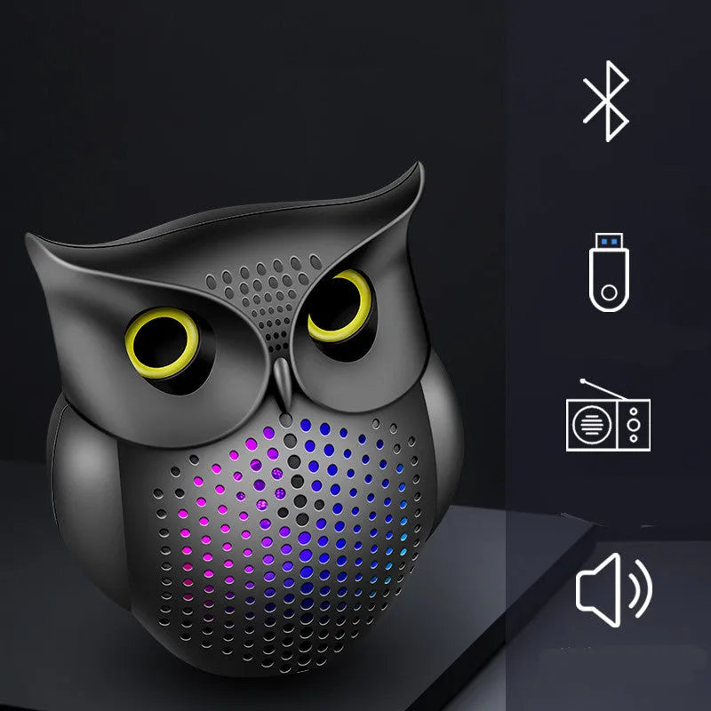 Black cartoon owl wireless Bluetooth speaker showing front design and compact size