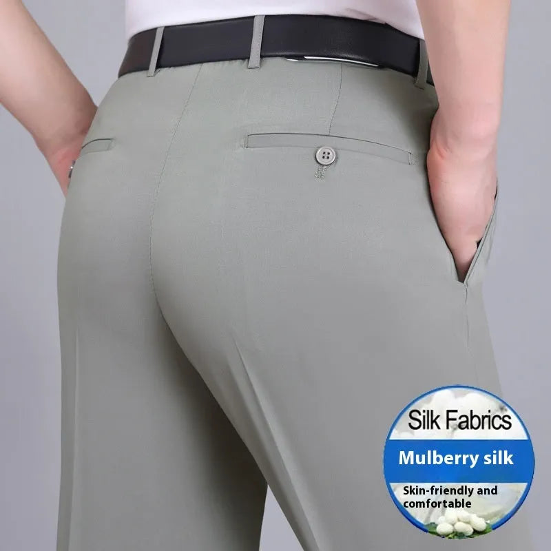 Men's straight-leg business trousers with high waist in mulberry silk blend fabric