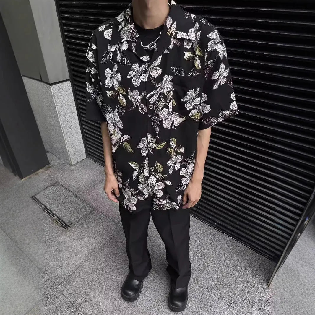 Black floral print mens shirt with vintage Cuban collar and short sleeves made from ice silk fabric