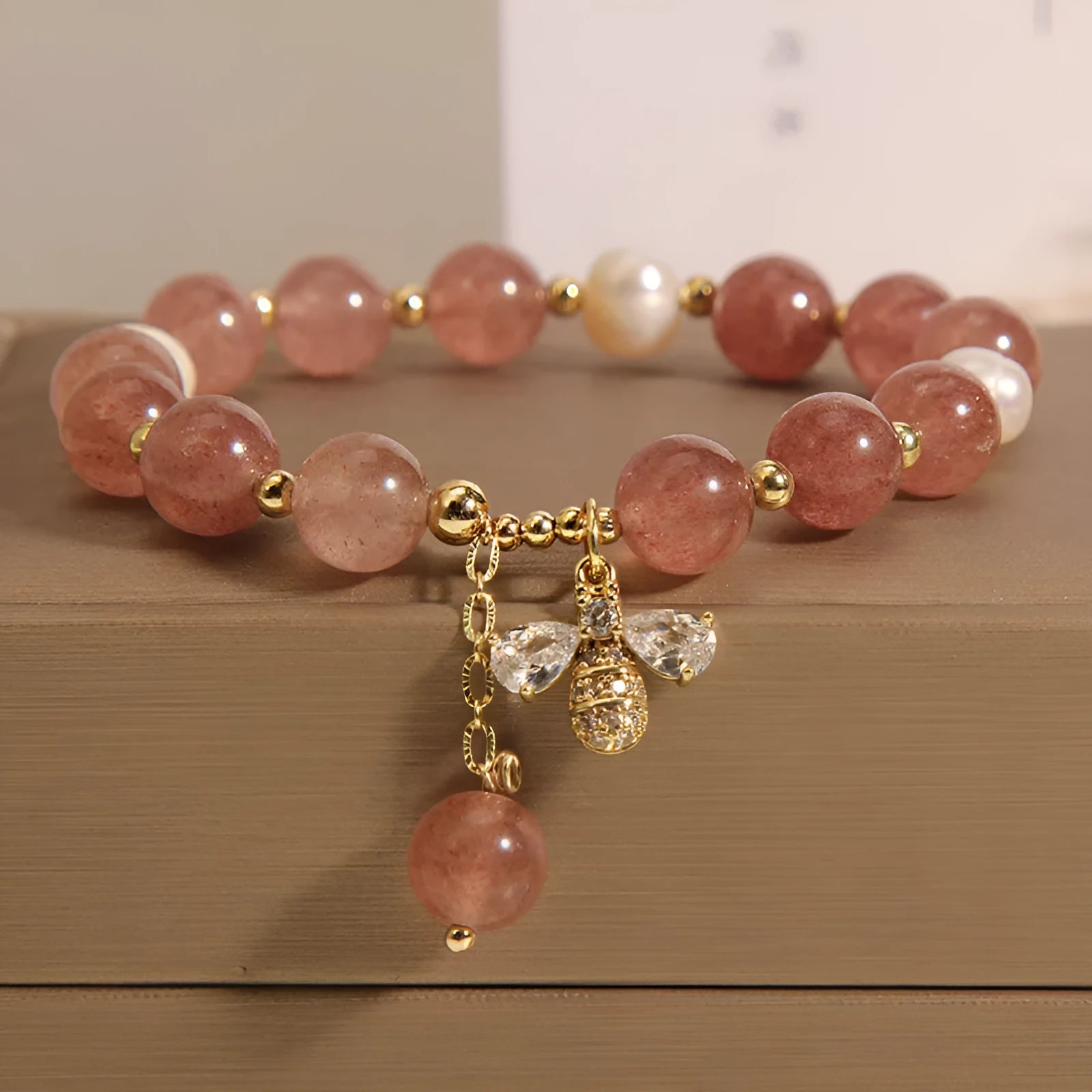 Women's strawberry quartz freshwater pearl bracelet with zircon detailing in Japanese South Korean style