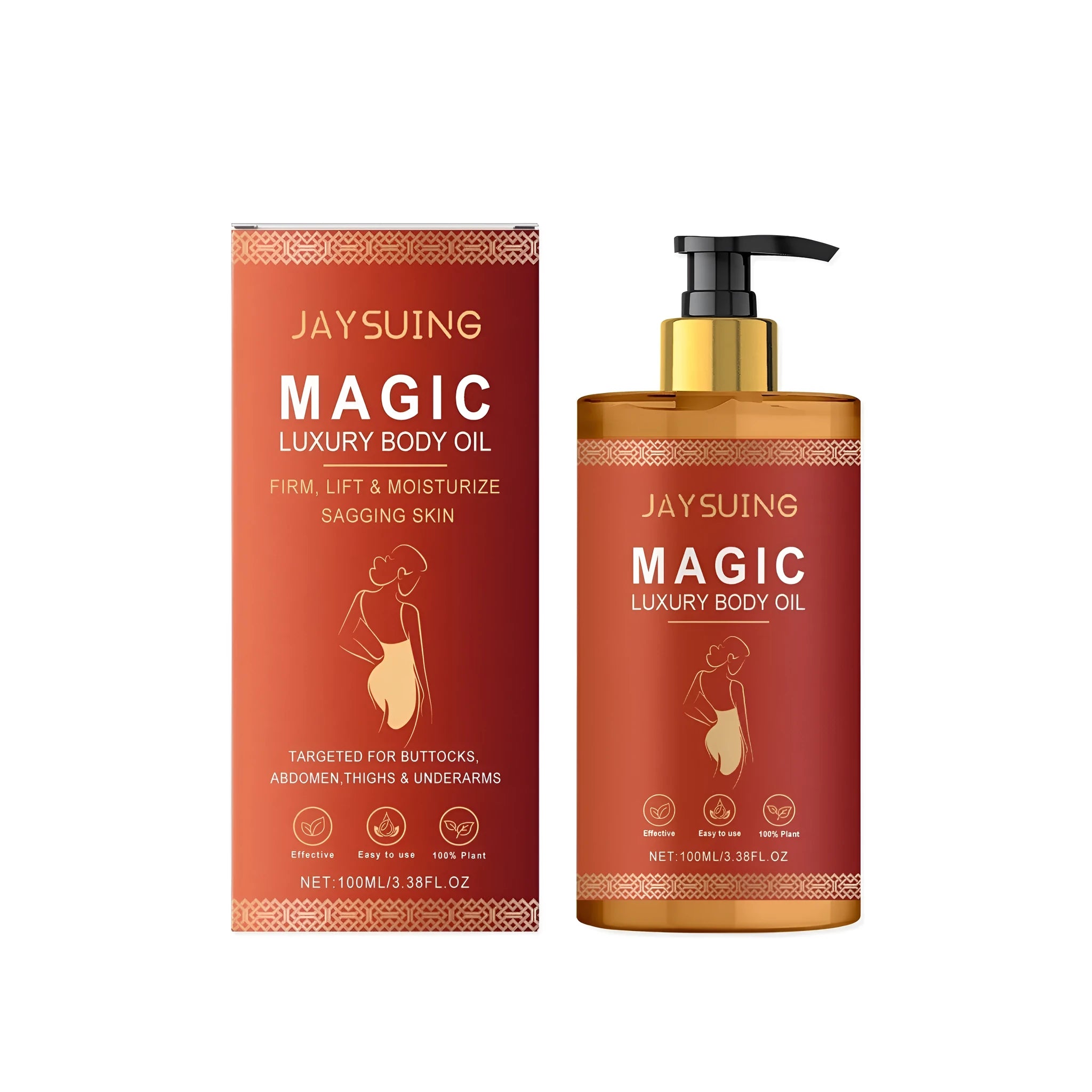 100ml bottle of tightening and nourishing body oil with a blend of glycerin and botanical oils.
