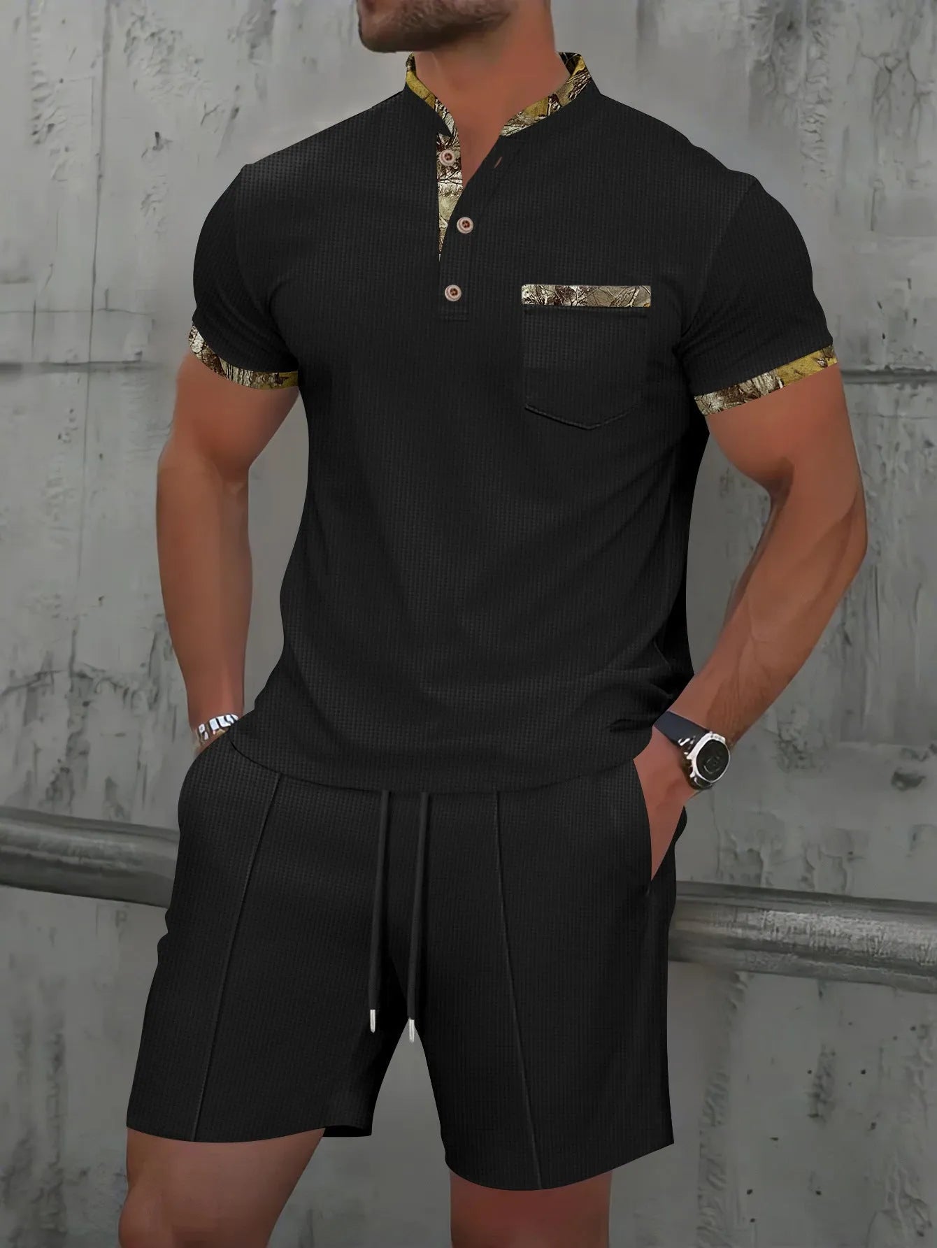 Men's grey waffle texture zipper polo collar short sleeve jacket and matching shorts set on a hanger.