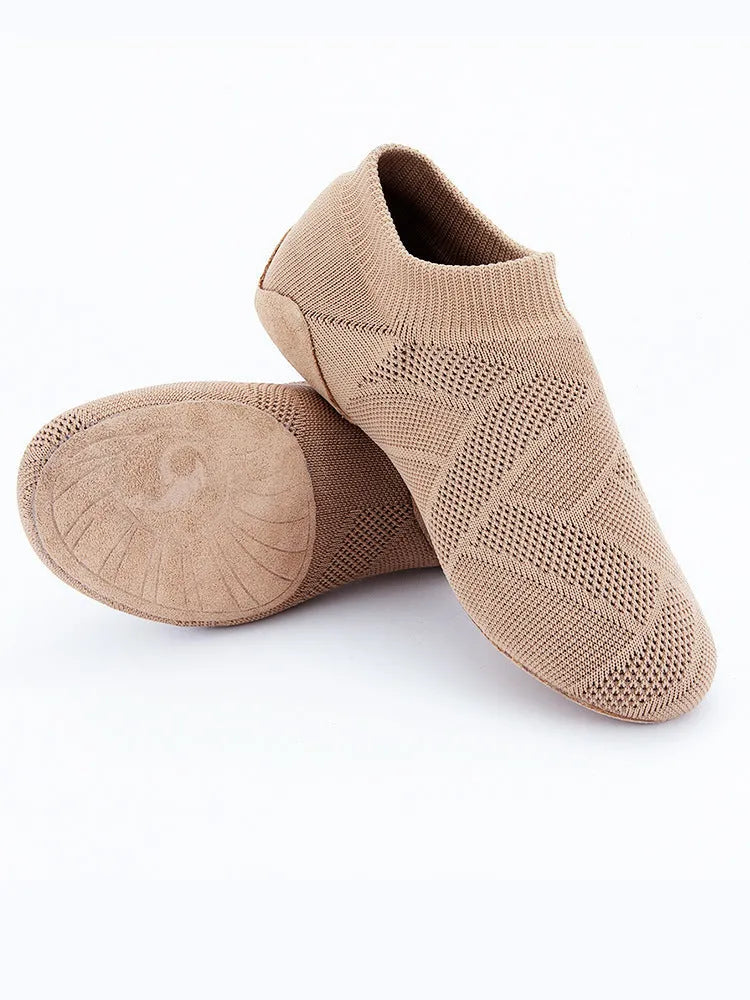 Camel coloured Latin dance shoes with cotton mesh upper and leather sole