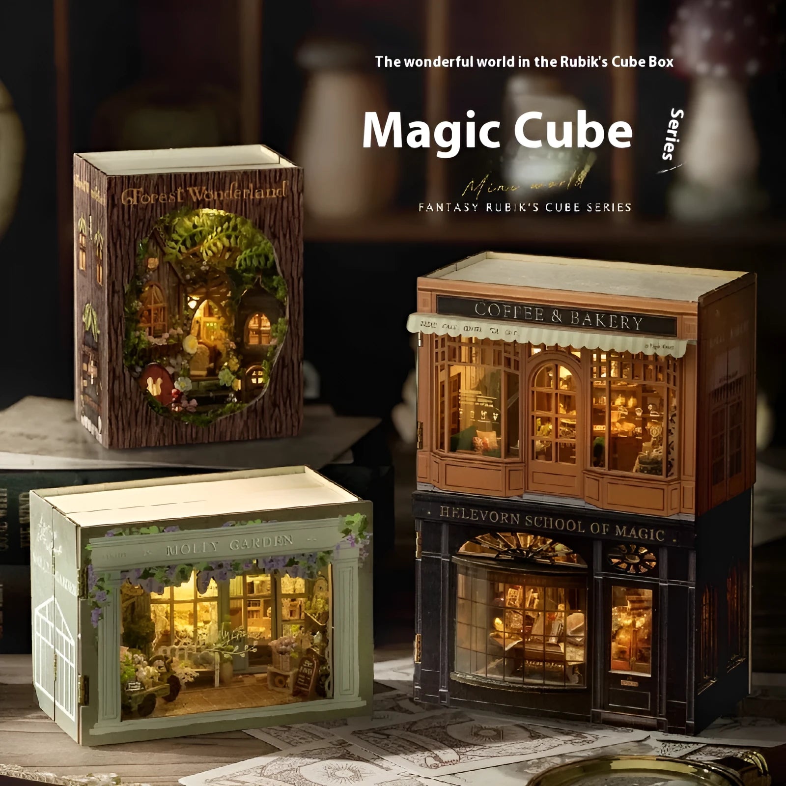 DIY Cottage MINI cut-free paper-cut flip-type wooden building model with flash function in colour box packaging