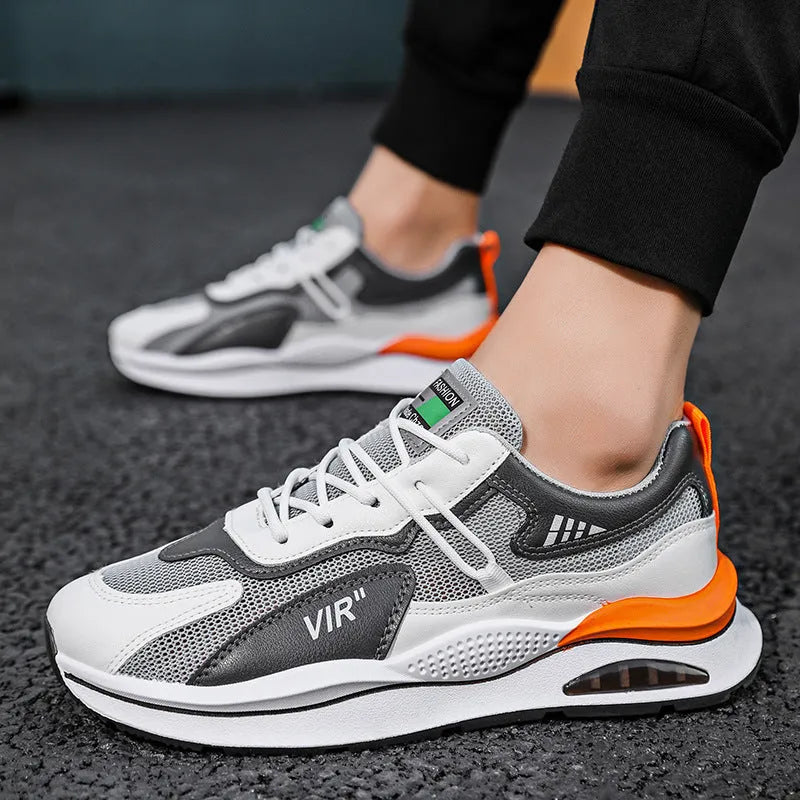 Men's grey and black mesh running shoes with round toe and lightweight EVA sole for summer jogging