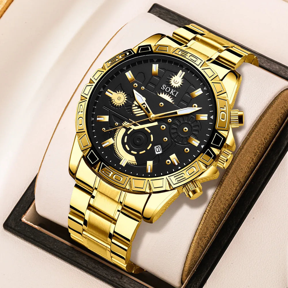 Men's gold business watch with stainless steel strap and calendar display