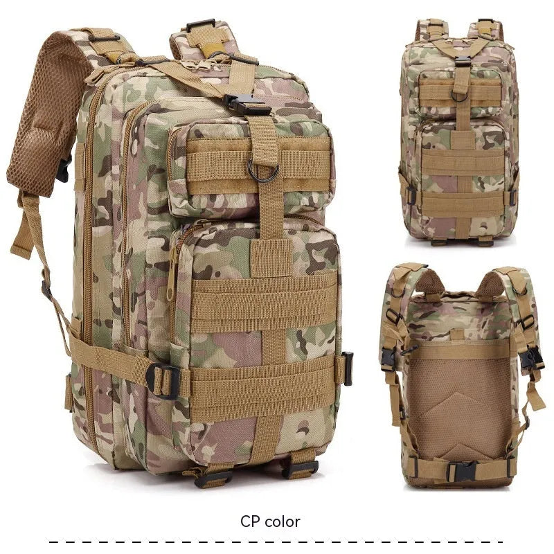 Large khaki hiking backpack with air pillow belt system shown for off-road use.