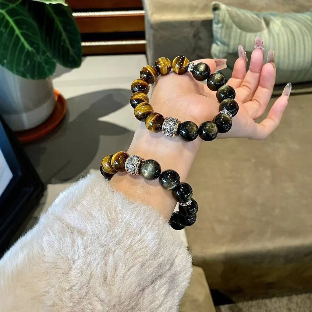Women's double wrap tigereye silver bracelet with gold inlay decorative patterns