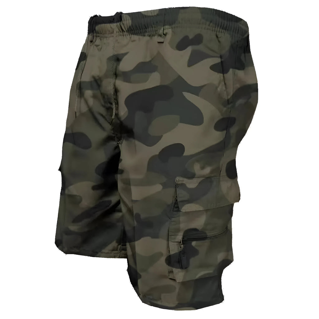 Men's khaki-coloured loose-fit cotton casual shorts with a drawstring waist and multiple pockets.