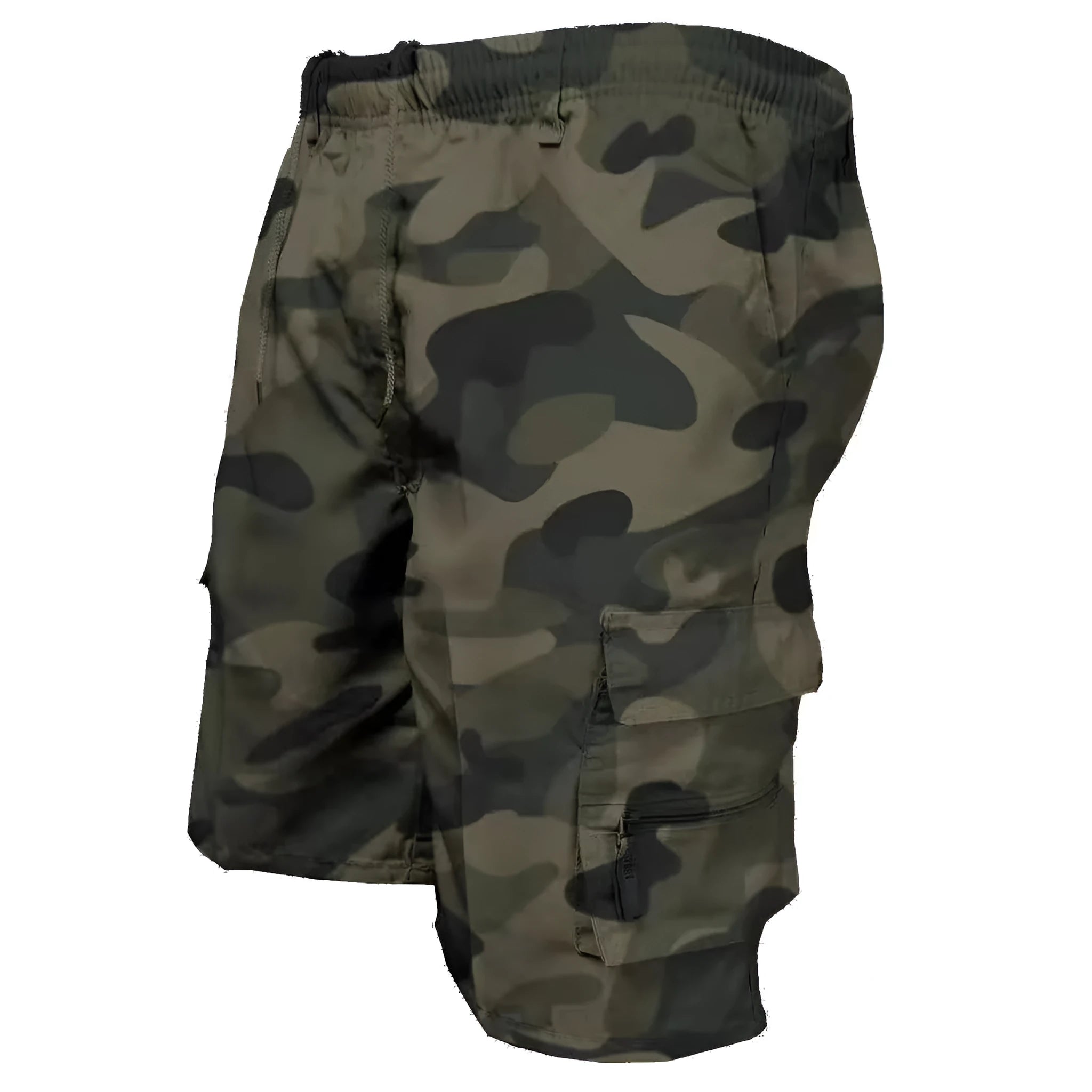 Men's khaki-coloured loose-fit cotton casual shorts with a drawstring waist and multiple pockets.